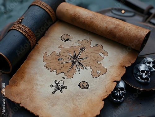 A map of a pirate ship is drawn on parchment paper