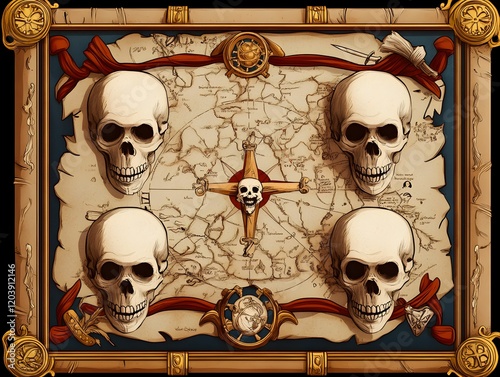 A map with four skulls on it