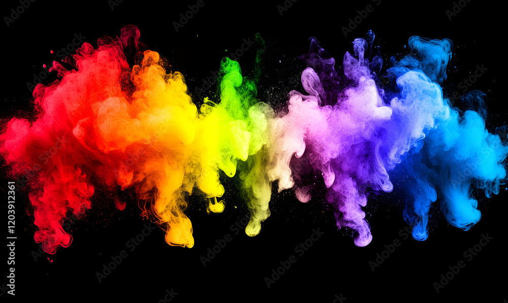 Vibrant rainbow color smoke explosion isolated on black background. Perfect for design, art, and abstract projects. Vibrant rainbow color smoke explosion isolated on black background. Perfect for design, art, and abstract projects.