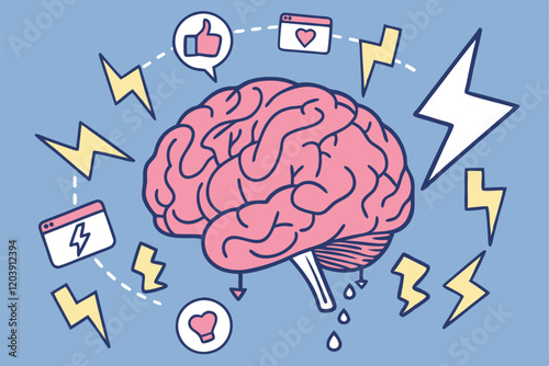 Brain illustration, social media icons, cursor arrows, emoji reactions, digital communication concept, pink brain, blue background, melting effect, lightning bolts, flat design, vecto