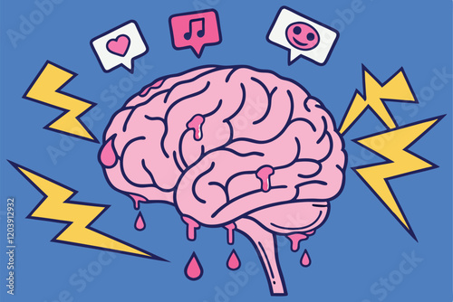 Brain illustration, social media icons, cursor arrows, emoji reactions, digital communication concept, pink brain, blue background, melting effect, lightning bolts, flat design, vecto