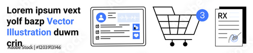 User profile interface, shopping cart with notification, and medical prescription document. Ideal for e-commerce, healthcare, digital services, applications, online shopping, user experience, and web