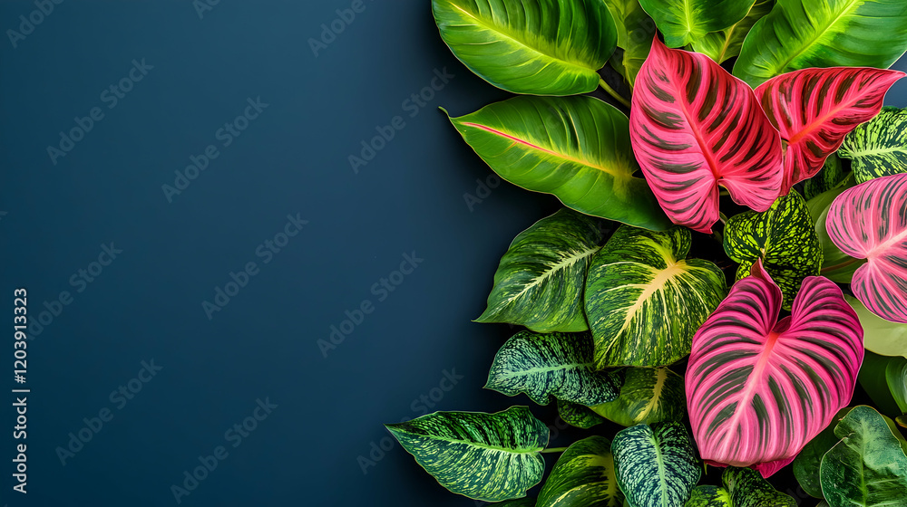Naklejka premium Vibrant tropical leaves border on dark background; ideal for website banner or social media post