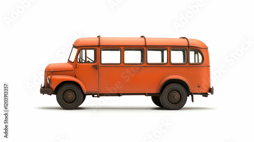 Vintage orange bus, side profile, white background, transportation