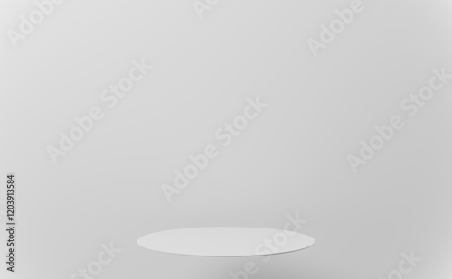 White empty podium or pedestal for product presentation. Round mockup platform on white background. 3d rendering