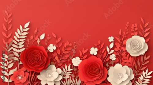 Fototapeta Naklejka Na Ścianę i Meble -  Paper cut layered red and white roses with leaves on vibrant red background