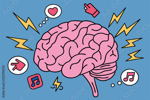 Brain illustration, social media icons, cursor arrows, emoji reactions, digital communication concept, pink brain, blue background, melting effect, lightning bolts, flat design, vecto