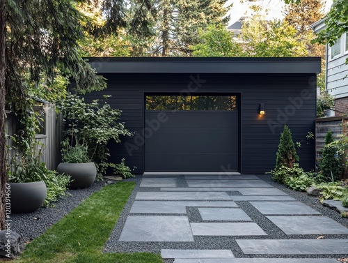 Modern Garage Design: A sleek, dark gray detached garage with a contemporary design, featuring a patterned paving driveway, lush landscaping and stylish planters.
