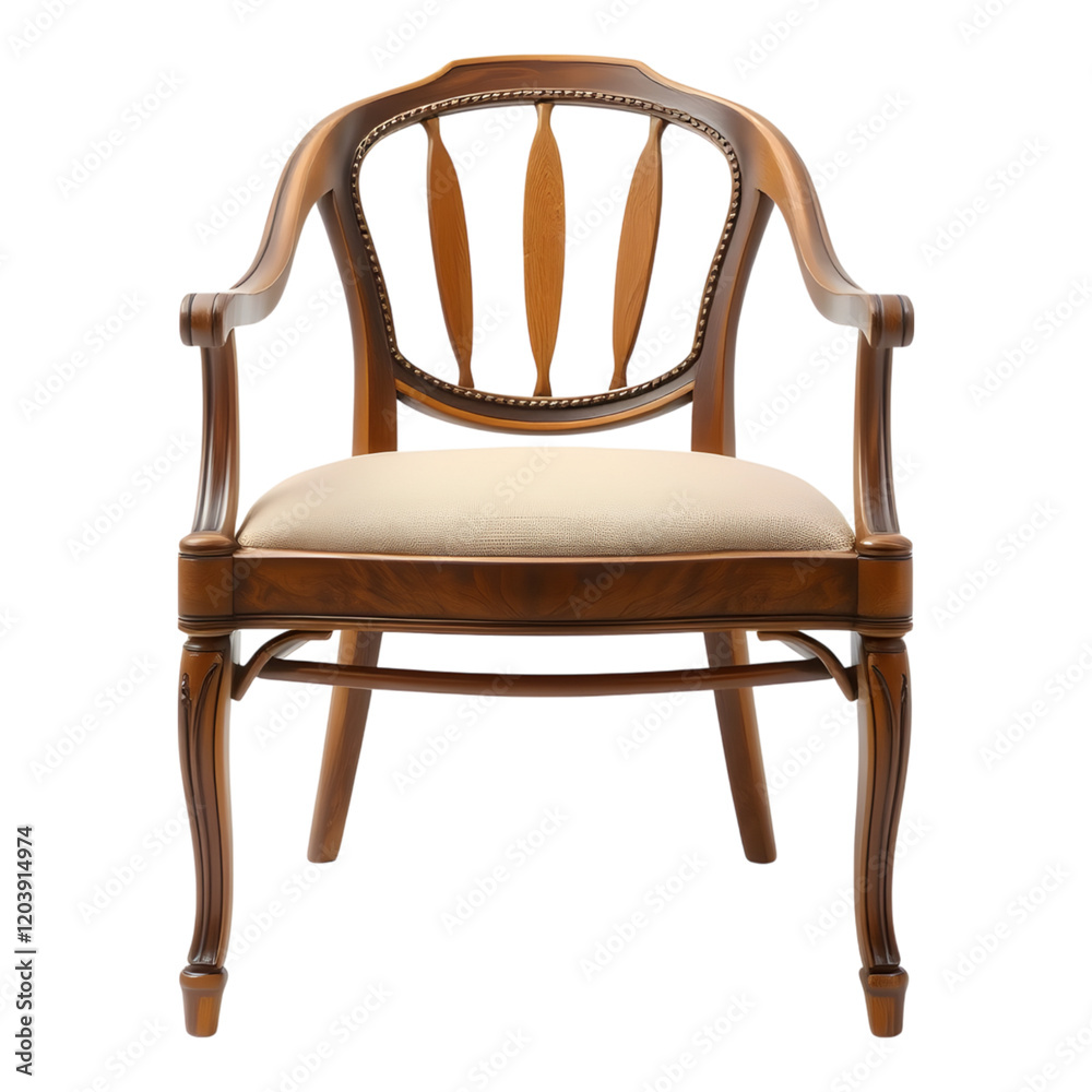 Elegant Wooden Armchair: A classic armchair with a rich, dark wood frame and a beige upholstered seat, showcasing exquisite craftsmanship and timeless design.