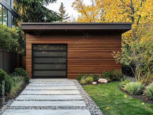 Modern Wooden Garage Studio: A sleek, modern garage studio with cedar wood siding and a contemporary glass garage door, nestled in a beautifully landscaped garden with autumnal foliage. photo