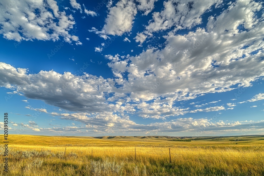 Expansive prairie landscape under a vibrant blue sky filled with fluffy white clouds. Expansive prairie landscape under a vibrant blue sky filled with fluffy white clouds.