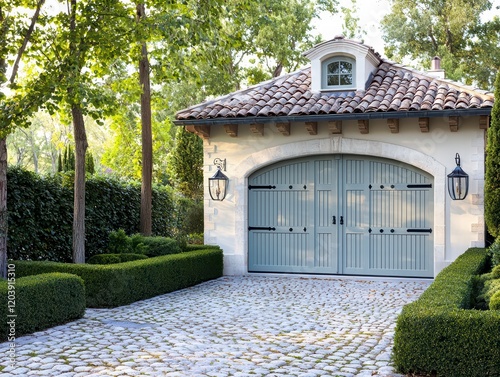 Elegant Garage and Garden Design: A charming detached garage with a light teal door, terracotta roof, and ornate lighting. photo