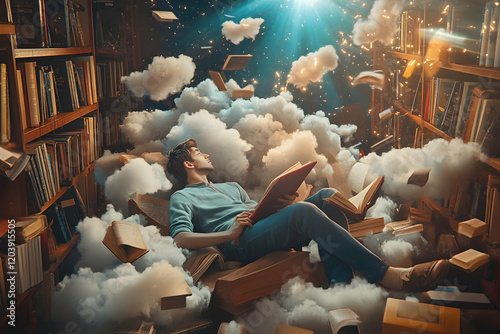 A whimsical vision of a young man surrounded by books and floating clouds, delving into the realm of dreams and literature photo