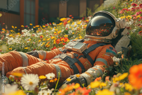 Astronaut resting in colorful flower garden.