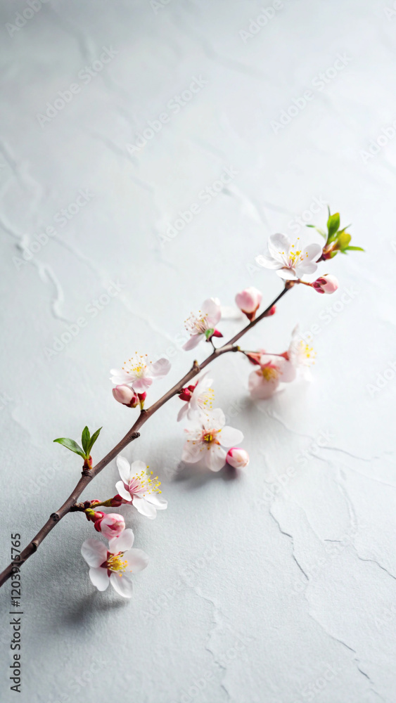 A single thin branch with a few cherry blossoms, placed diagonally across a plain white A single thin branch with a few cherry blossoms, placed diagonally across a plain white