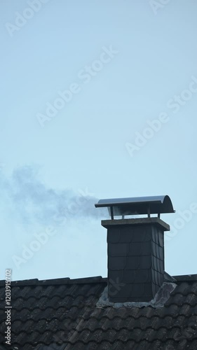 Smoke rising from a chimney on a roof of a residential house, blue sky background, vertical video