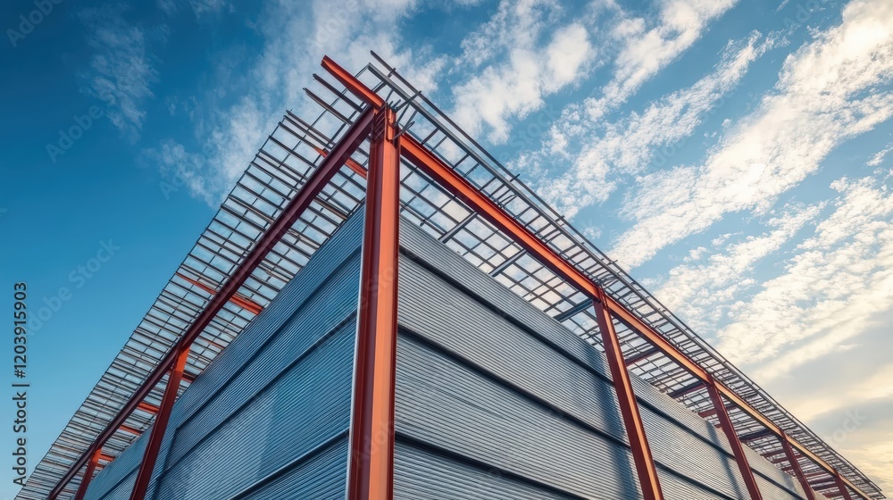 Modern Steel Frame Structure Under a Bright Blue Sky with Wispy Clouds Showcasing Industrial Design and Architectural Innovation Modern Steel Frame Structure Under a Bright Blue Sky with Wispy Clouds Showcasing Industrial Design and Architectural Innovation