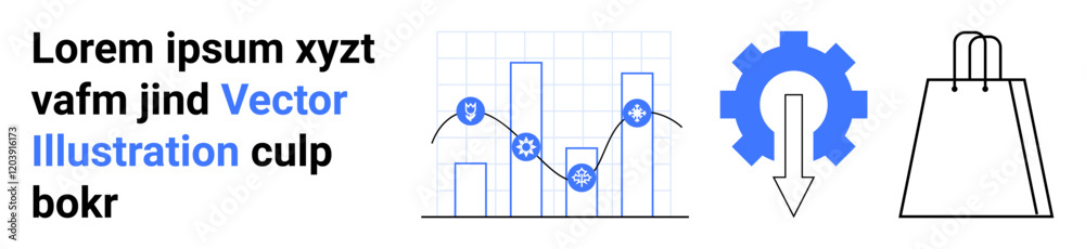 Bar and line chart with icons of gear and downward arrow, shopping bag. Ideal for business strategy, data analysis, e-commerce, technology services, market research, productivity tools, technical Bar and line chart with icons of gear and downward arrow, shopping bag. Ideal for business strategy, data analysis, e-commerce, technology services, market research, productivity tools, technical