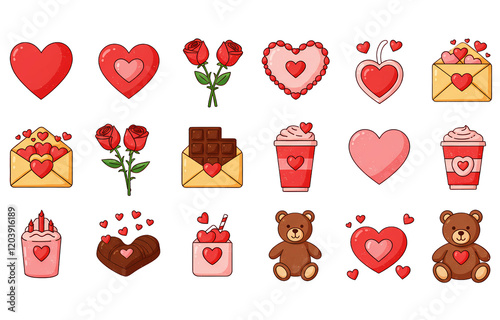 Vibrant Valentine's Day Icons: Heart, Roses, Chocolates, Love Letters & Teddy Bear photo