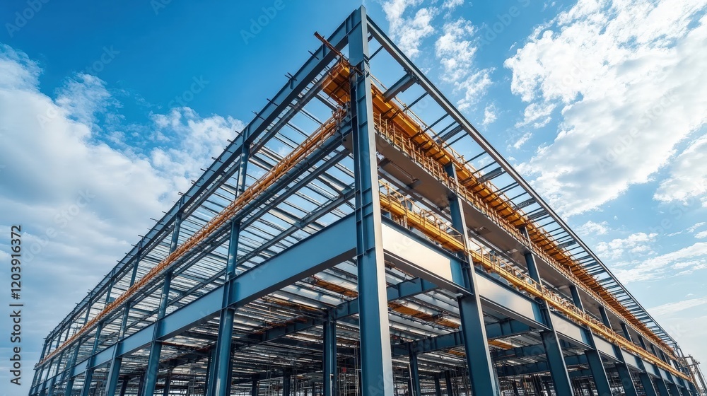 Modern Steel Frame Structure Against Clear Sky Featuring Industrial Design Elements and Innovative Engineering Techniques Modern Steel Frame Structure Against Clear Sky Featuring Industrial Design Elements and Innovative Engineering Techniques