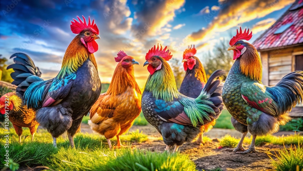 Fototapeta premium Panoramic Australorp Chicken Breeds: Colorful Poultry Farm Animals Clipart Set