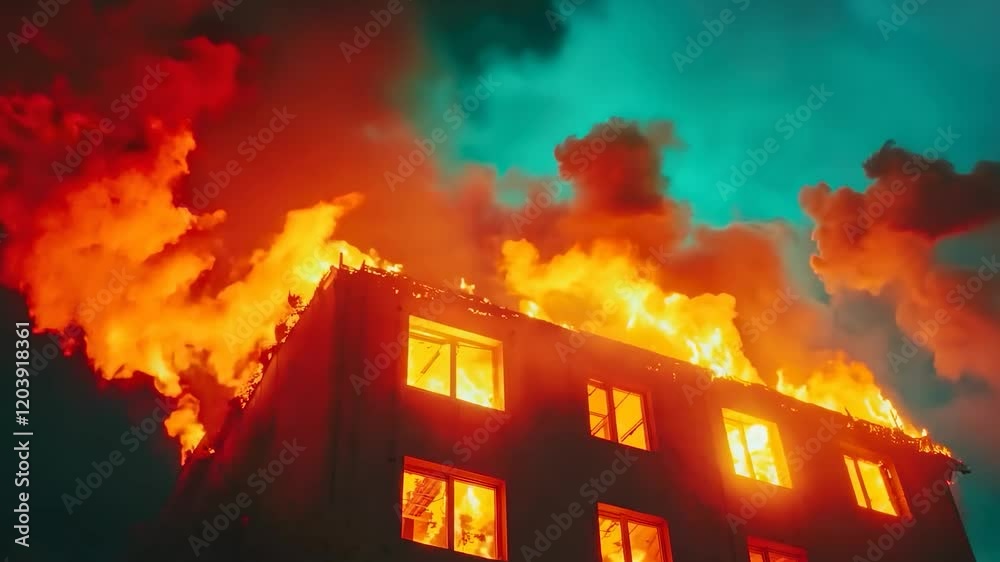 A residential building engulfed in flames, symbolizing a dangerous emergency situation, firefighting efforts, and the need for safety precautions.