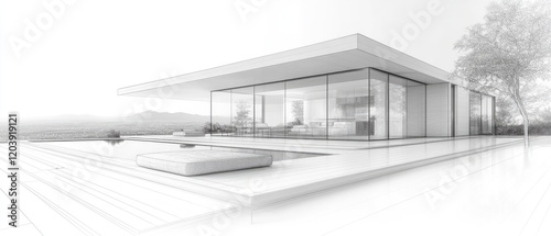 Modern Architectural Design Sketch Showing House and Pool