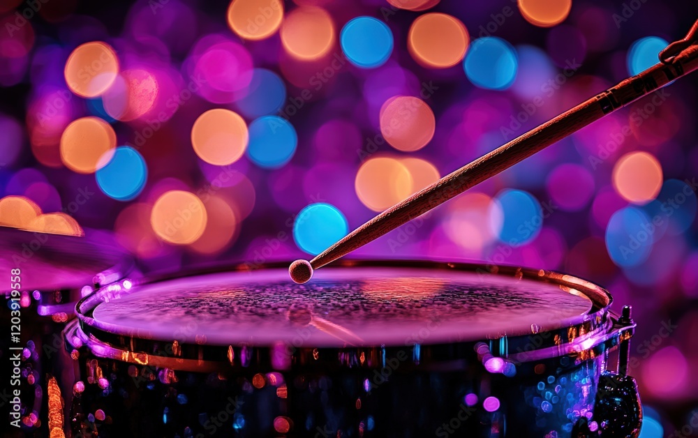 Obraz premium Dynamic Drumstick strikes a cymbal, creating vibrant sound waves against a backdrop of dazzling, colorful bokeh lights. A moment of musical energy!