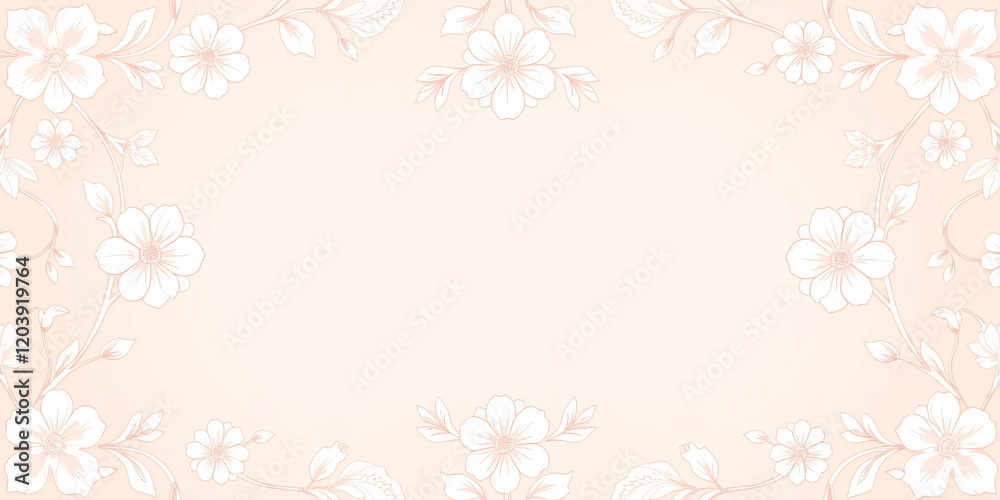 All around, a floral decorative pattern in white and pastel pink tones, symmetrical and harmonious, with a soft background in gradient colors between beige and light pink. All around, a floral decorative pattern in white and pastel pink tones, symmetrical and harmonious, with a soft background in gradient colors between beige and light pink.