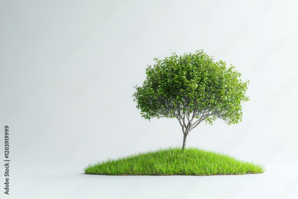Solitary tree on grassy hill, white background, environmental concept Solitary tree on grassy hill, white background, environmental concept
