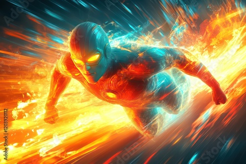 A character in a superhero landing pose, with a fierce expression and glowing, dynamic colors in the background.