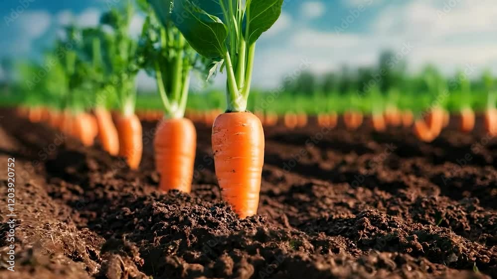 Fresh carrots growing in a field with green tops, symbolizing organic farming, sustainable agriculture, and healthy, natural food production.