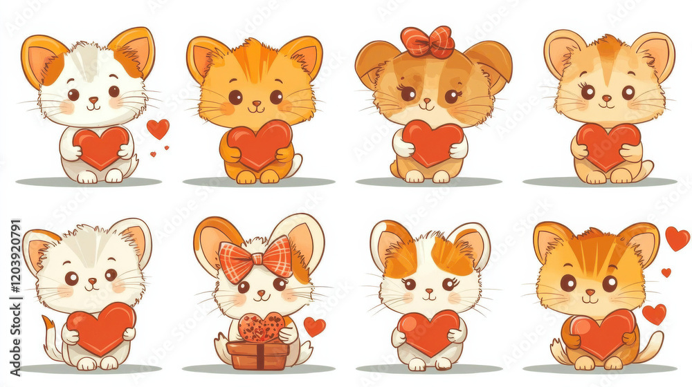 Illustration set of adorable animals—cats, dogs, and bunnies—holding heart-shaped balloons and wearing love accessories.