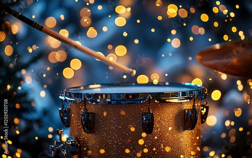 Golden snare drum, drumstick striking, festive bokeh background. A captivating rhythm unfolds!