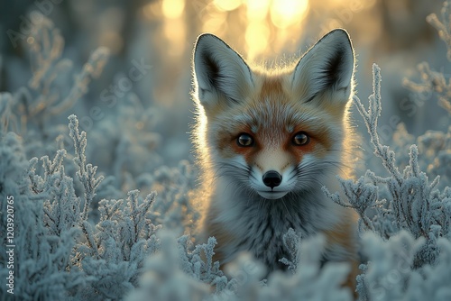 a playful red fox kit exploring snowy woods at dawn frostcovered branches soft morning mist ethereal winter atmosphere cinematic lighting photo