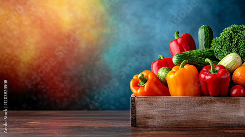 Fresh vegetables in wooden crate, including peppers, cucumbers, and lettuce, against colorful background. vibrant display of healthy produce evokes sense of freshness and vitality photo