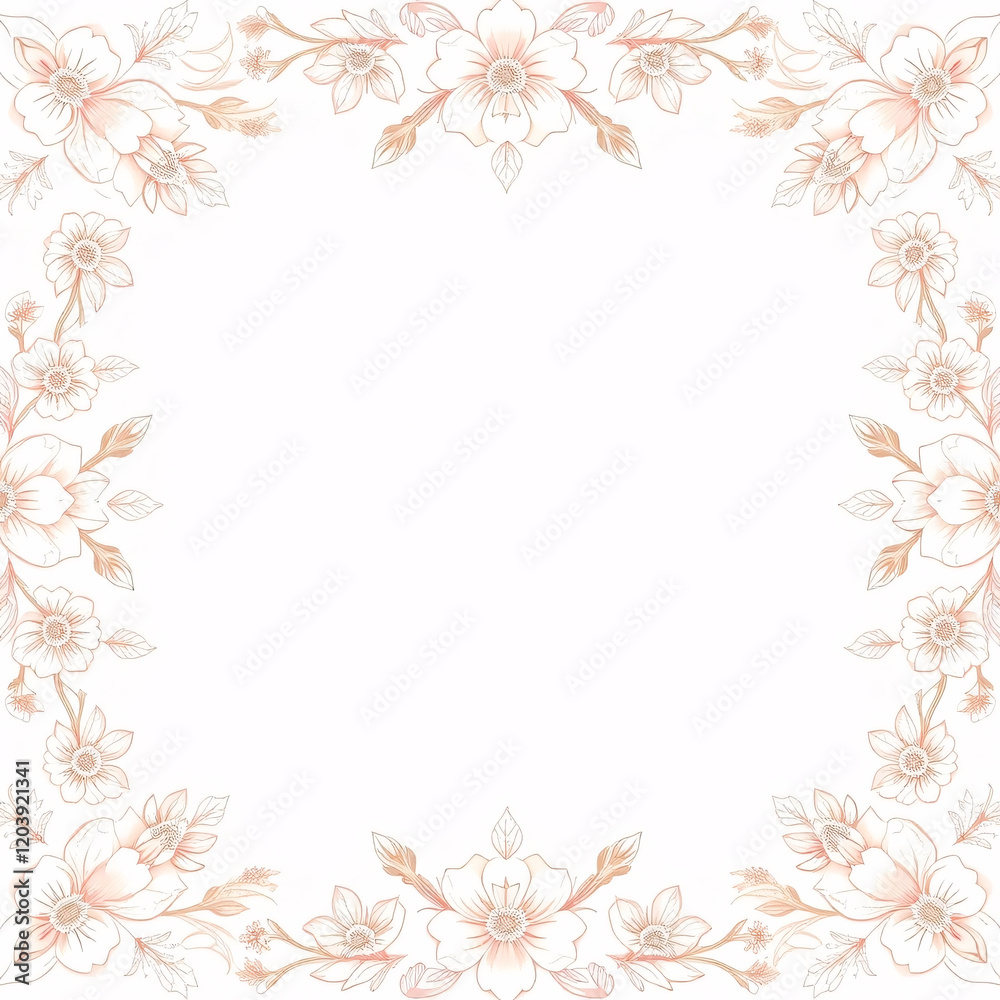 All around, a floral decorative pattern in white and pastel pink tones, symmetrical and harmonious, with a soft background in gradient colors between beige and light pink. All around, a floral decorative pattern in white and pastel pink tones, symmetrical and harmonious, with a soft background in gradient colors between beige and light pink.