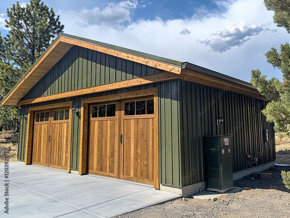 Rustic Green Garage: A charming two-car garage, nestled amongst towering pines, showcases a blend of rustic charm and modern functionality. Rustic Green Garage: A charming two-car garage, nestled amongst towering pines, showcases a blend of rustic charm and modern functionality.