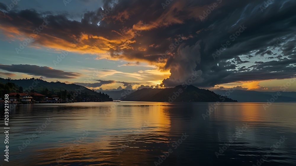 Naklejka premium A serene sunset over a tranquil lake, with dramatic clouds reflecting on the water.