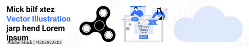 Fidget spinner, illustrated cloud, and people collaborating on e-commerce platform. Ideal for teamwork, technology, creativity, digital marketing, online shopping, stress relief modern workplace