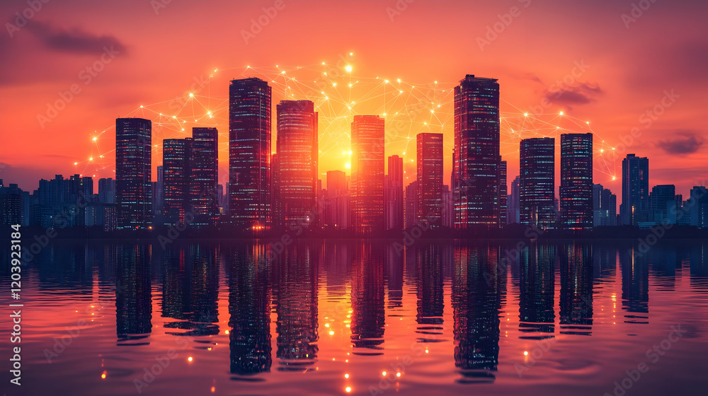 Fototapeta premium Vibrant City Skyline with Fireworks at Sunset, Reflected in Calm Water