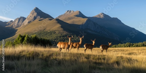 A group of deer stand in a grassy field with majestic mountains in the background under a clear blue sky. photo