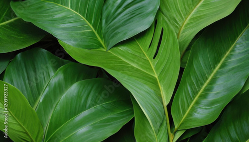 Abstract tropical leaves pattern in shades of green with depth