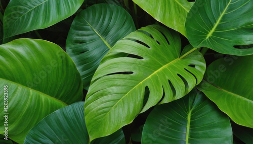 Abstract tropical leaves pattern in shades of green with depth