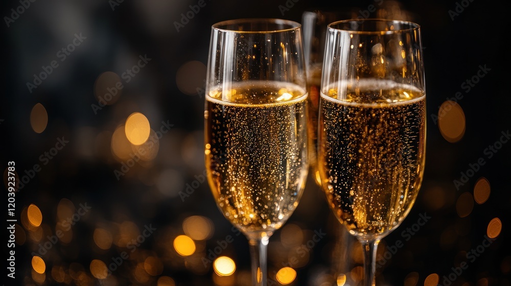 Festive champagne flutes, celebration, bokeh background Festive champagne flutes, celebration, bokeh background
