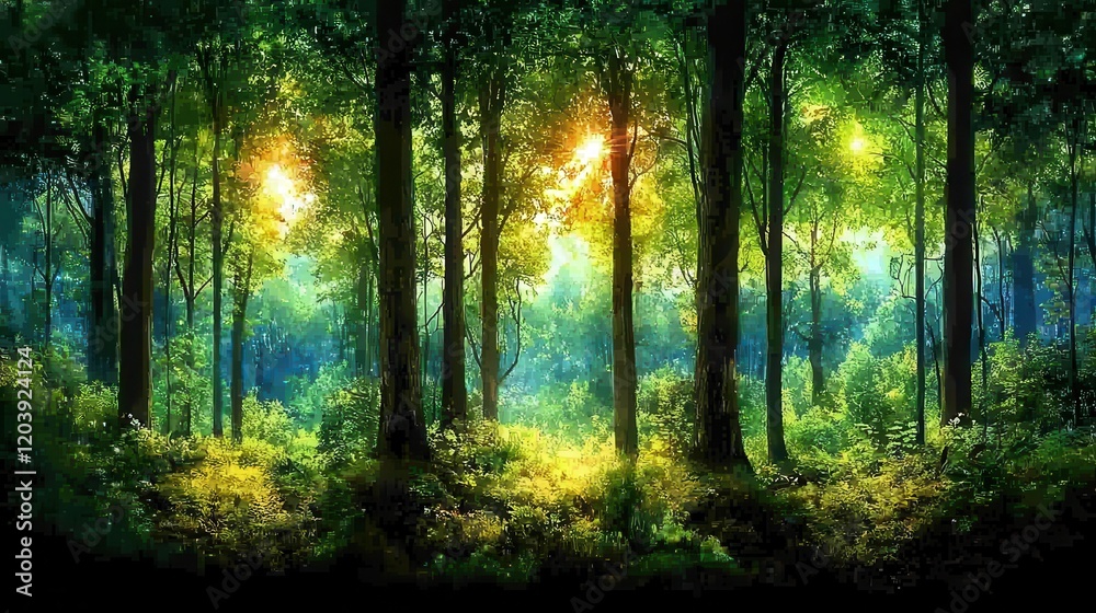 Naklejka premium A mystical fantasy forest glowing under the light of twin suns. Radiant vines drape gracefully from towering translucent trees, while glowing pools of liquid crystal reflect the swirling constellation