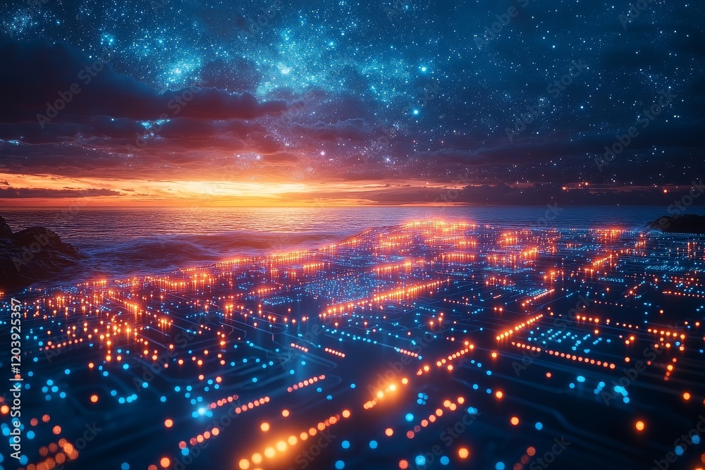 Obraz premium Abstract futuristic circuit board with glowing lines on the ocean horizon at night, stars in the sky, minimalistic and clean design.