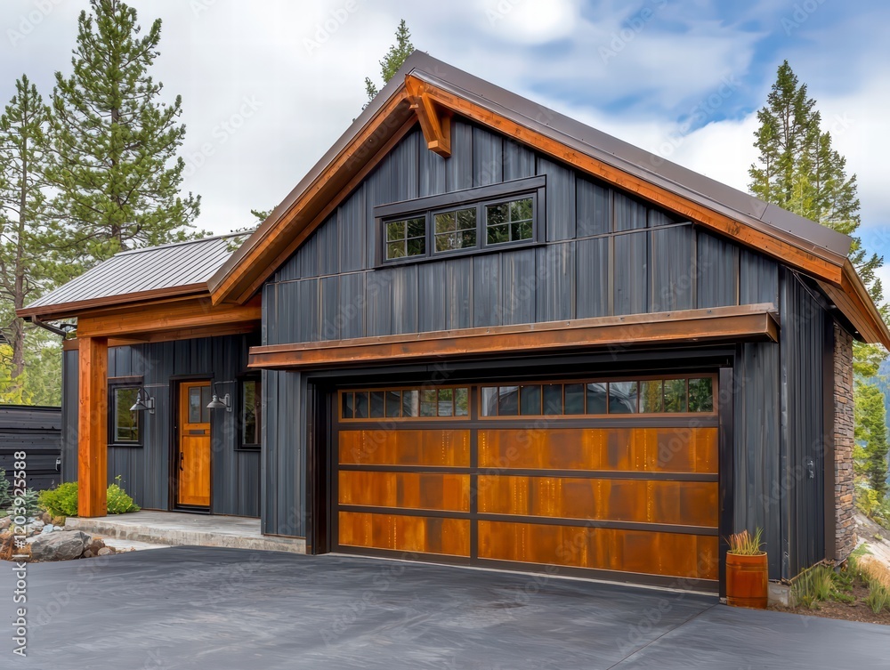 Modern Mountain Retreat: A contemporary mountain home with a rustic touch. The dark gray siding and wooden accents blend seamlessly into the surrounding forest. Modern Mountain Retreat: A contemporary mountain home with a rustic touch. The dark gray siding and wooden accents blend seamlessly into the surrounding forest.