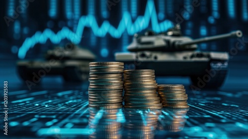 Military budget increasing with tanks and stock graph showing growth