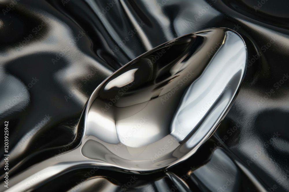 Metallic spoon lying on a black satin cloth reflecting light in a studio setting, creating an elegant and luxurious atmosphere Metallic spoon lying on a black satin cloth reflecting light in a studio setting, creating an elegant and luxurious atmosphere
